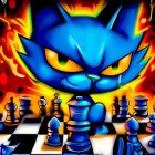 Blue cat with intense eyes on fiery chessboard with stylized pieces