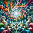 Colorful psychedelic digital art with fractal patterns and chessboard theme