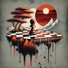 Surreal chessboard art: lone king, mountain landscape, sunset sky, circular cutouts