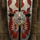 Medieval coat of arms featuring shield, sword, horse head, and panels on red brick background