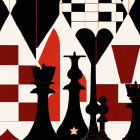 Abstract geometric chess pieces in black, white, and warm tones