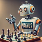 Robot named MAGNUS playing chess with black knight piece