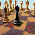 Chessboard Illustration: Black Queen Surrounded by Gold and Silver Chess Pieces