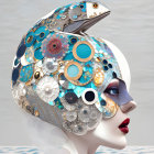 Surreal portrait of female figure with half-mechanical fish head