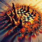 Surreal chessboard with melting pieces on warm backdrop