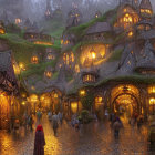 Picturesque village with cobblestone paths and whimsical stone houses at twilight