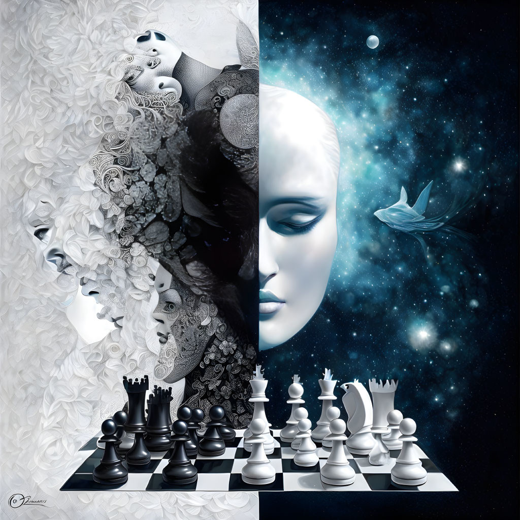 Surrealist artwork with ethereal faces, cosmic scene, and chessboard bridge