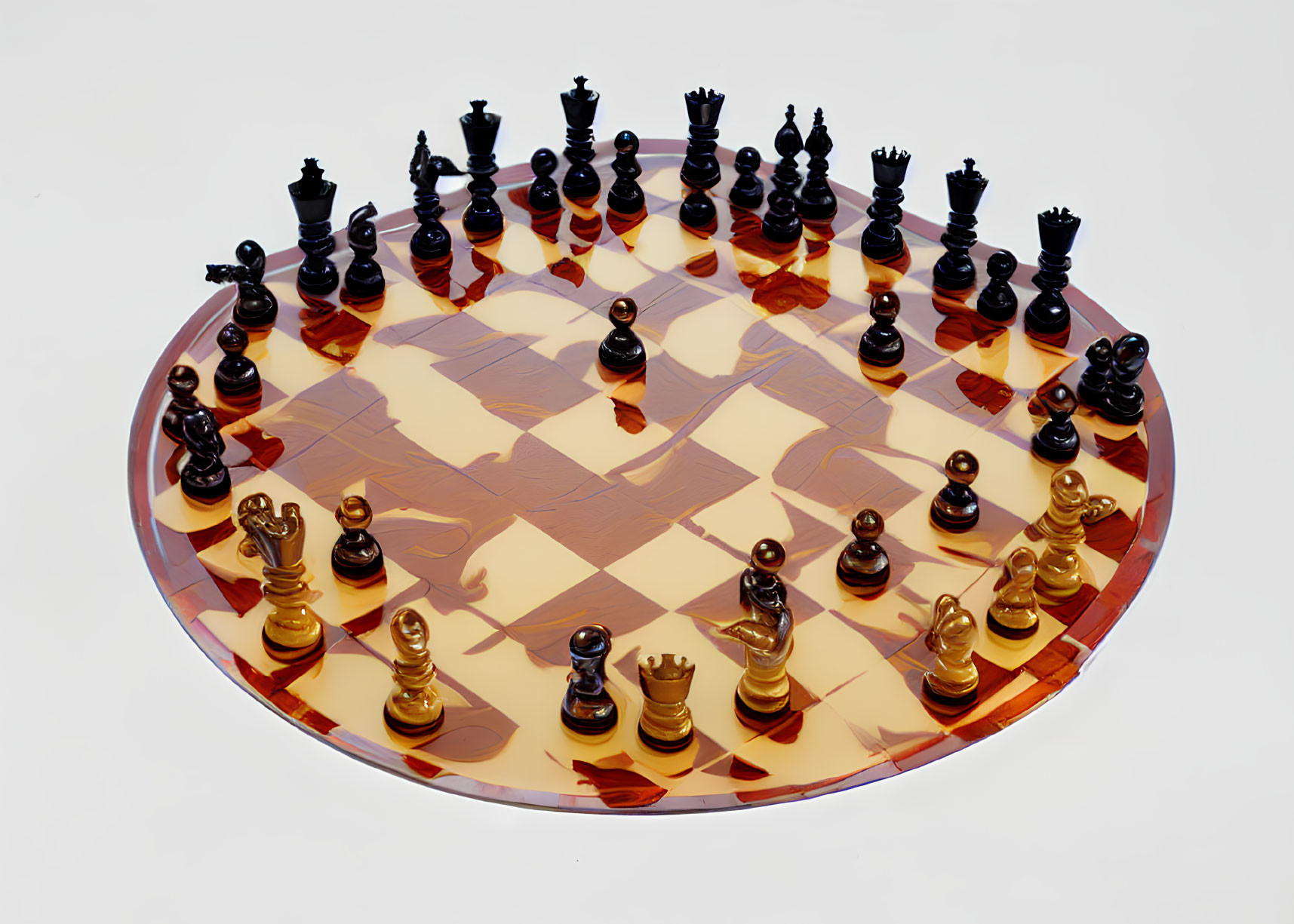 Three-Dimensional Chessboard with Black and White Pieces Set Up