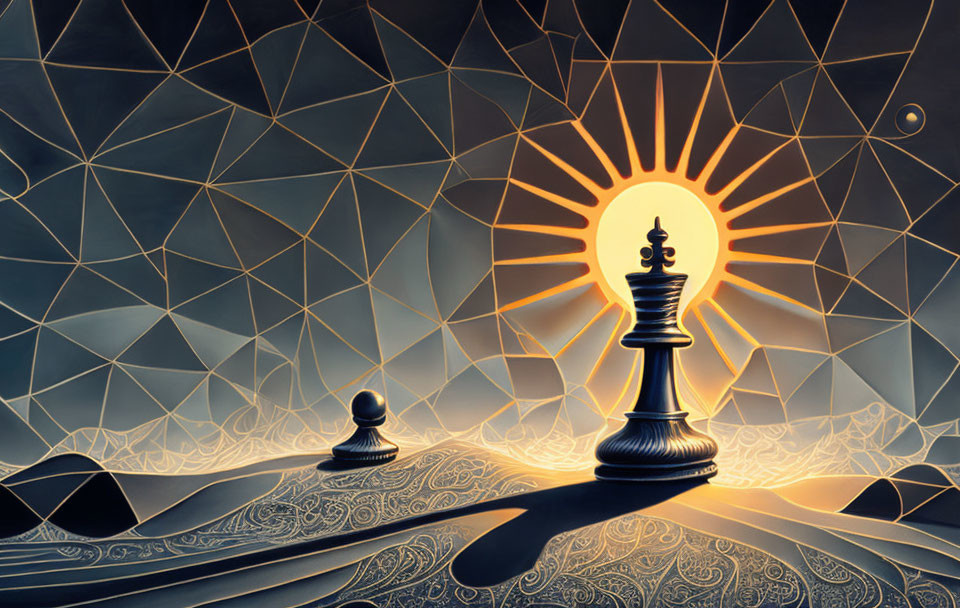 Surreal chess-themed artwork with stylized pawn and radiant queen