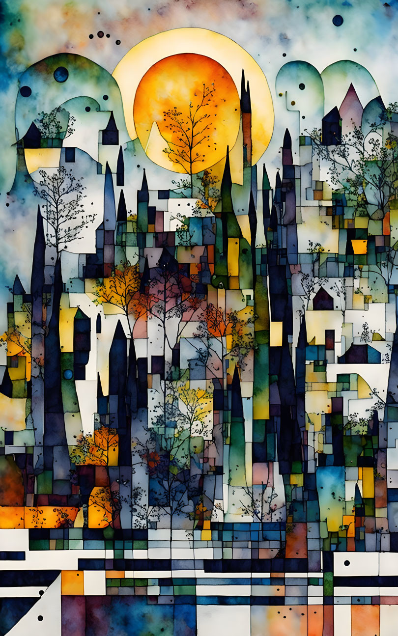 Vibrant abstract landscape with trees, buildings, and sun