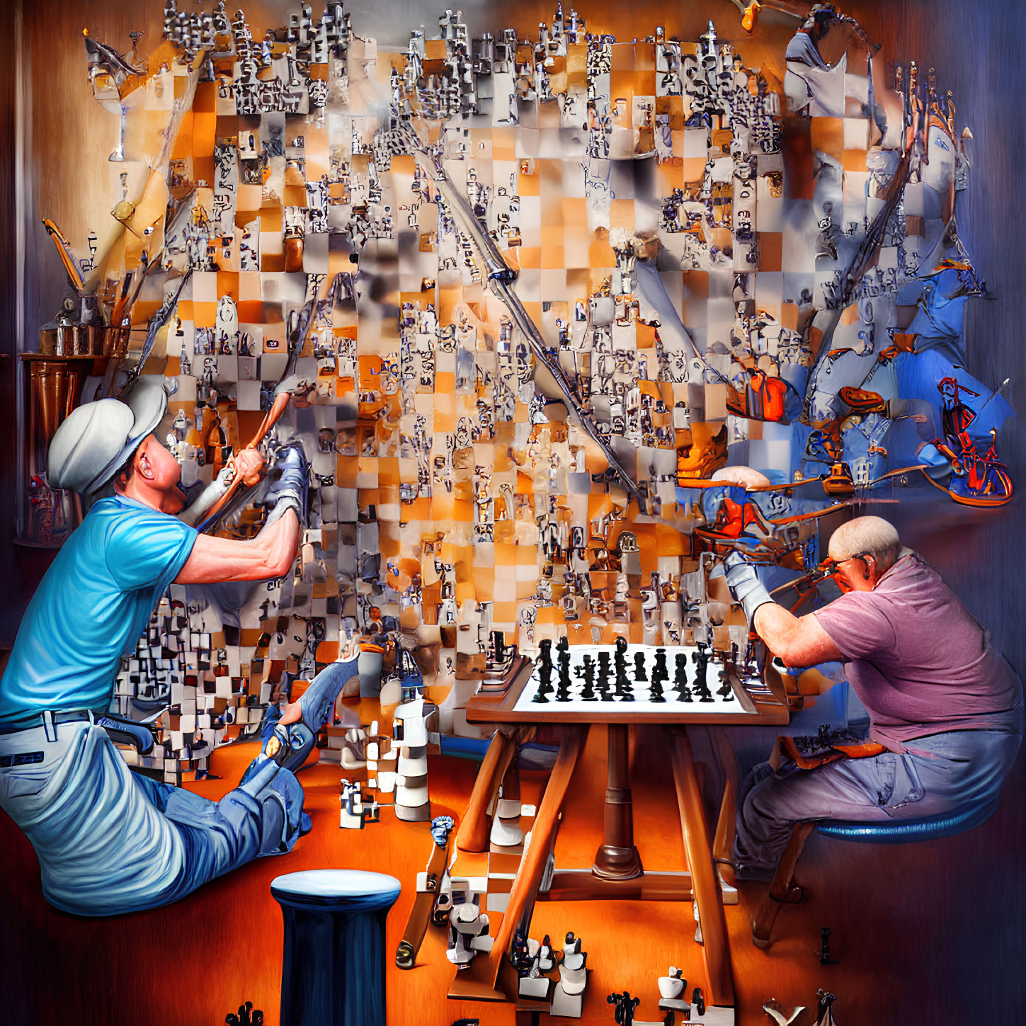 Intense, fantastical game of chess with suspended pieces in dynamic backdrop