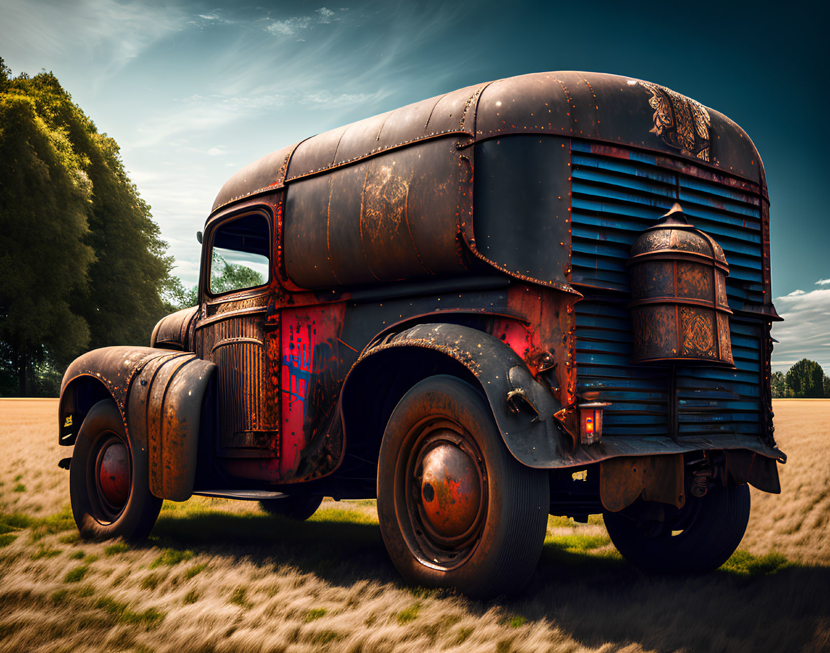 Rust-covered vintage truck in field with green trees under blue sky