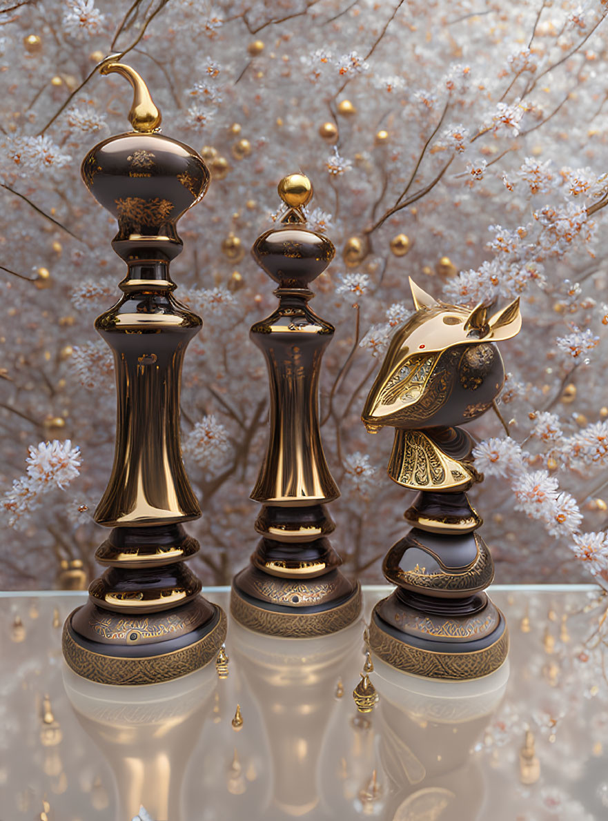 Black and Gold Chess Pieces with Knight on Cherry Blossom Background