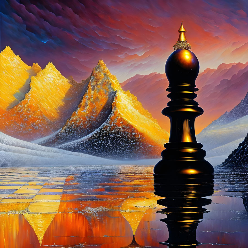 Surreal landscape with chess piece, snow-capped peaks, and orange sky