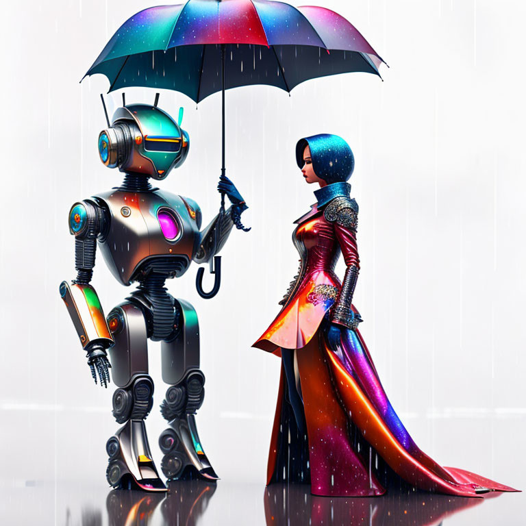 Futuristic woman sheltered by robot with umbrella in rain scene