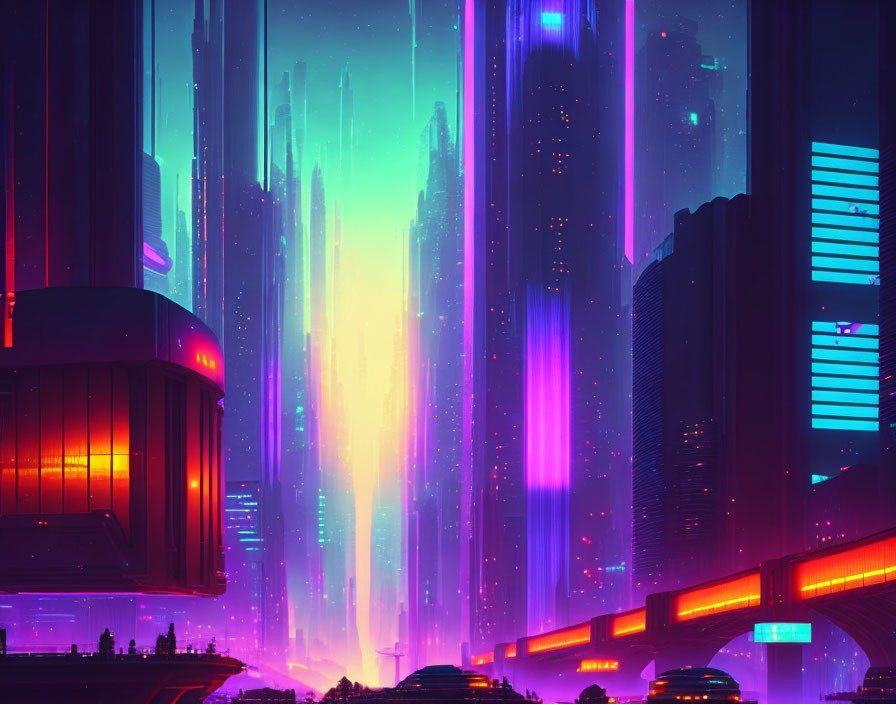 Neon-lit cyberpunk cityscape at night