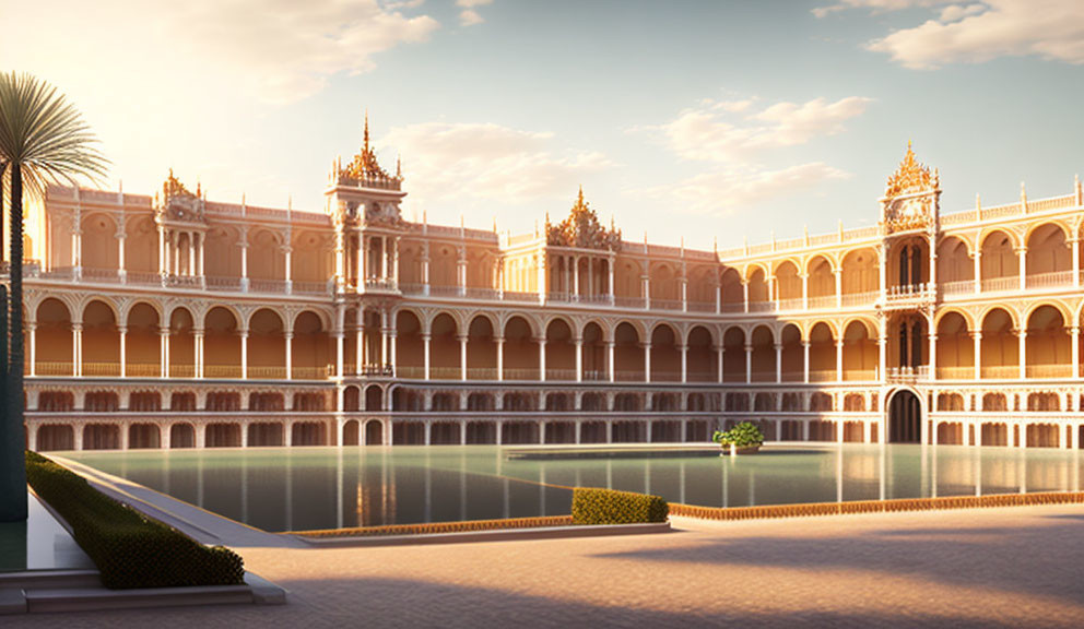 Gothic palace with arched corridors, reflective pond, and courtyard tree