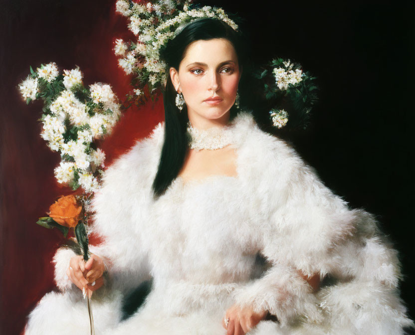 Woman in white fluffy outfit with rose among white blooms on dark background