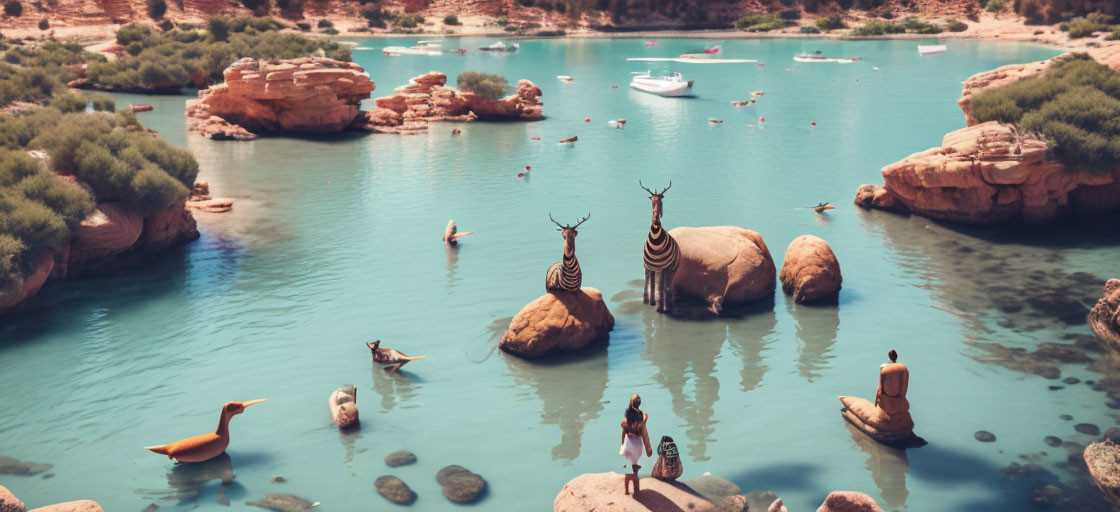 Animals on Rocks in Turquoise Lake with Boats