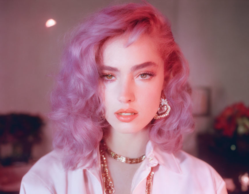 Intense gaze of person with wavy purple hair in pink room