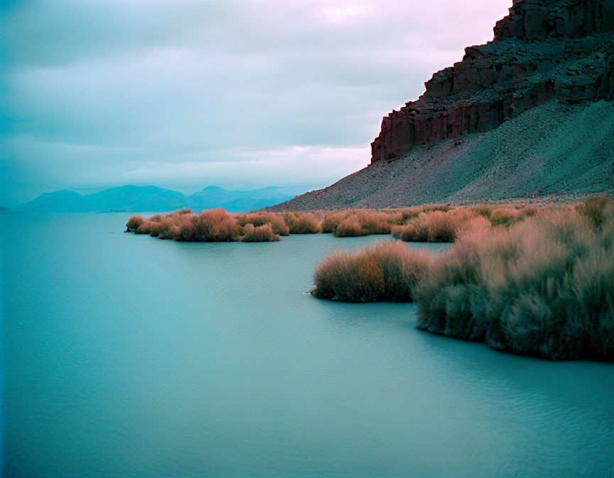 Tranquil lake scene: overcast sky, reeds, distant cliff, serene blue-green tone