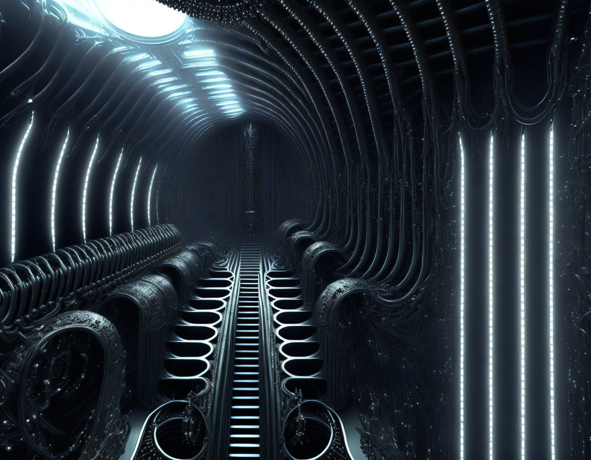 Abstract Sci-Fi Corridor with Illuminated Vertical Lines