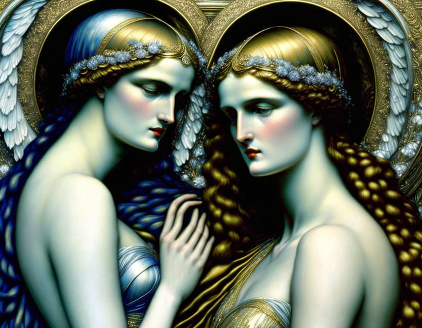 Stylized women with golden halos and intricate headbands in mirrored pose