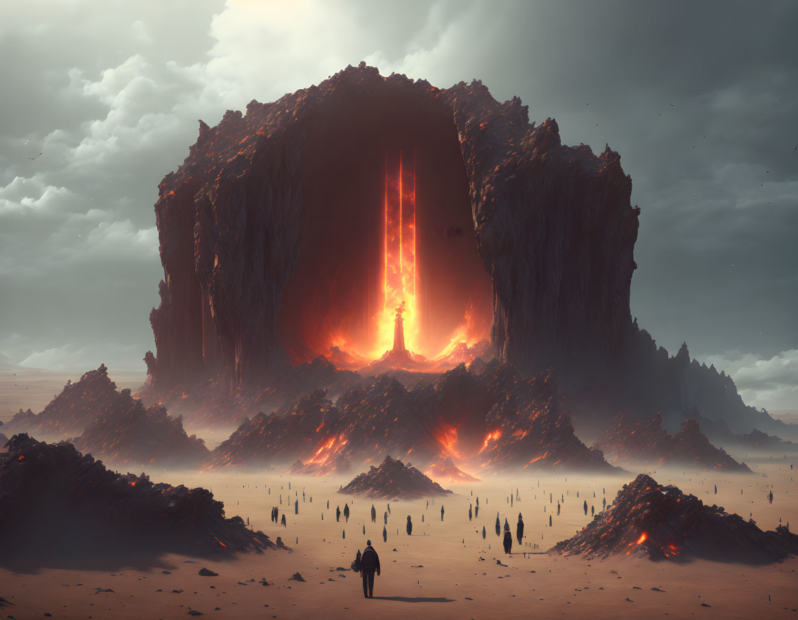 Glowing lava waterfall in ominous rock formation landscape