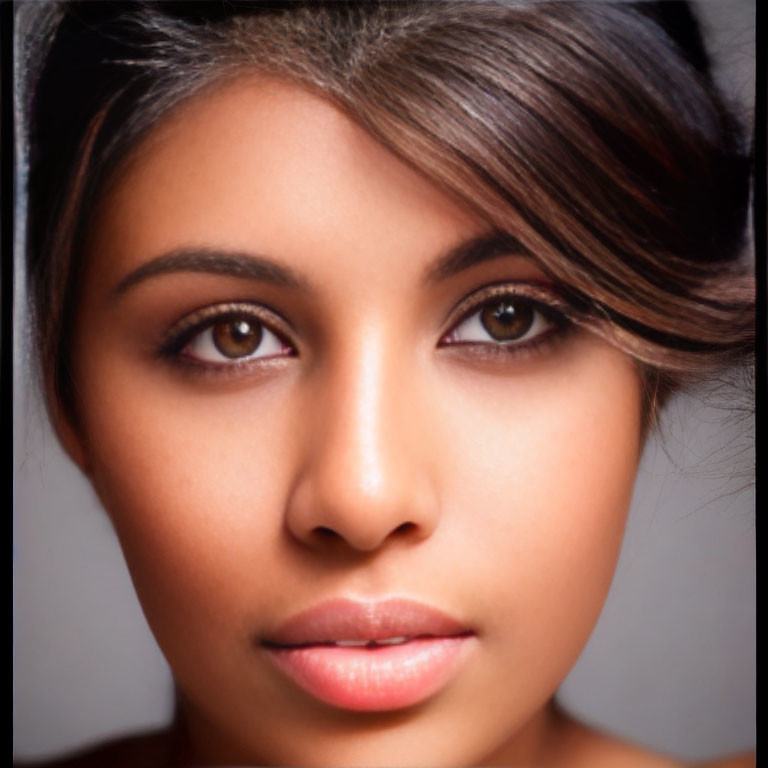 Close-up portrait of a woman with dark eyes and subtle makeup on neutral backdrop