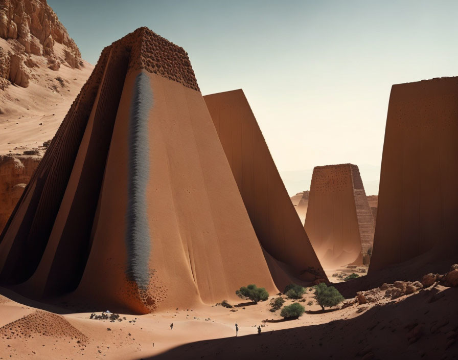 Futuristic desert landscape with angular sandstone structures