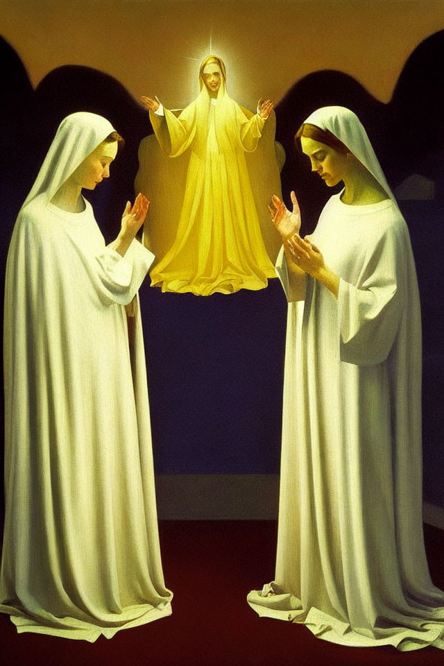 Religious Figures with Halos in Prayerful Poses on Dark Background