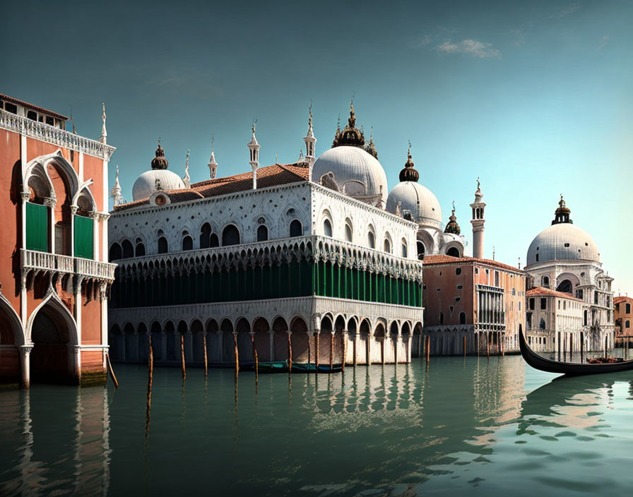 Venetian Gothic architecture by calm canal with ornate domes and facades reflected.