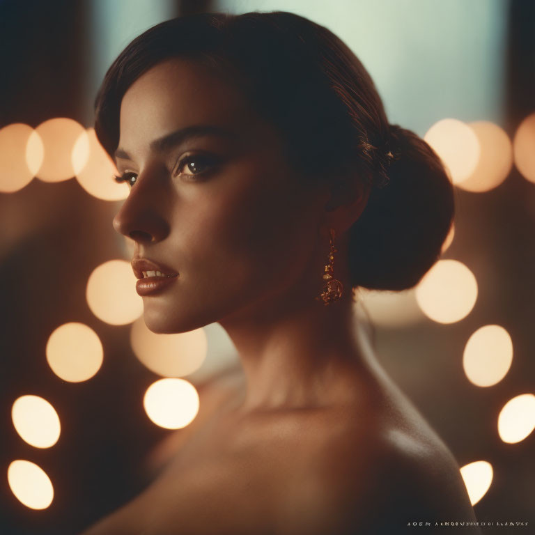 Elegant woman with bun hairstyle and earrings in soft bokeh lights