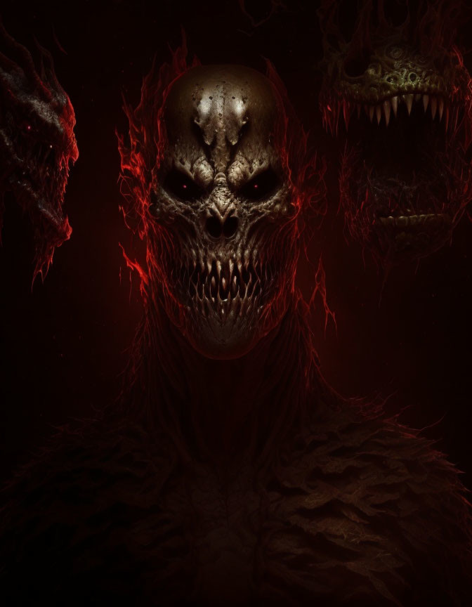 Sinister skull with glowing eyes and monstrous creatures on dark background