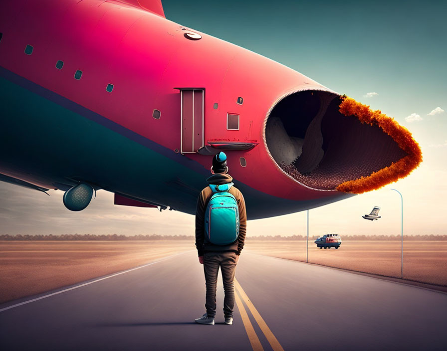 Person with backpack gazes at pink airplane on deserted runway with floating car