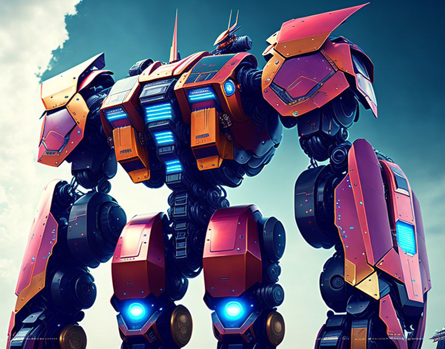 Colorful Mech Robot with Glowing Blue Lights Stands Under Cloudy Sky