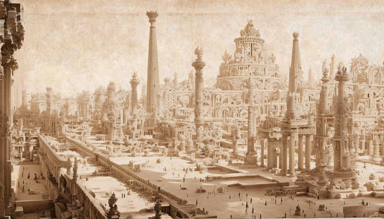 Sepia antique illustration of ornate cityscape with intricate buildings and people.