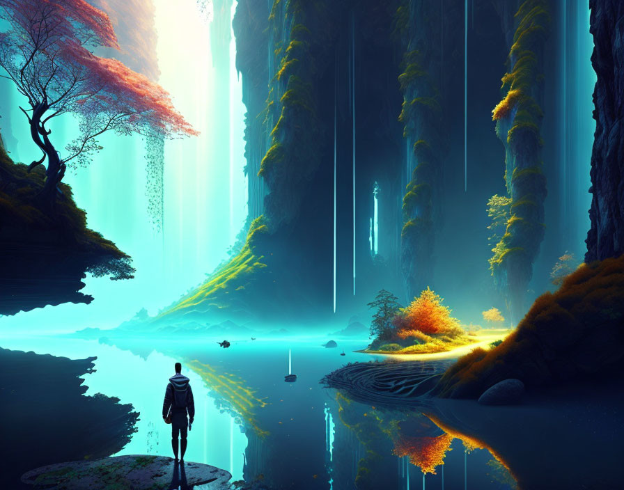 Ethereal forest scene with lone explorer amid glowing lights