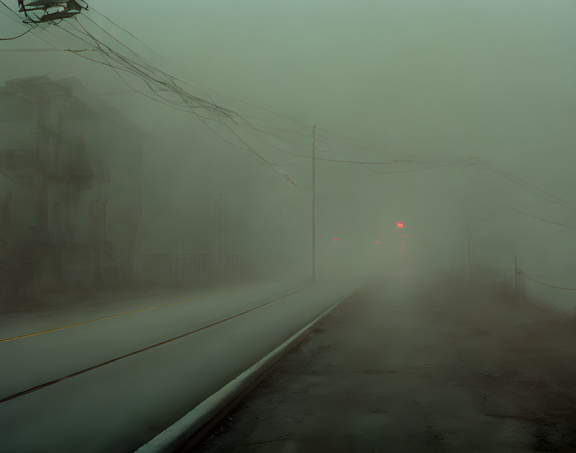 Foggy street scene with dim traffic lights and power lines