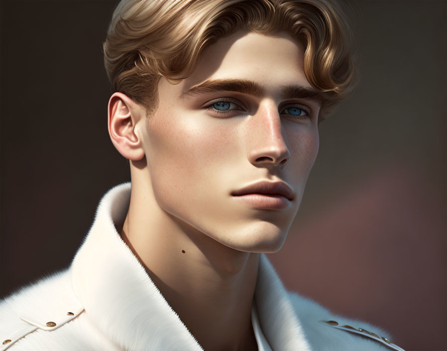 Portrait of male with wavy blonde hair, blue eyes, fair skin, in white coat with gold