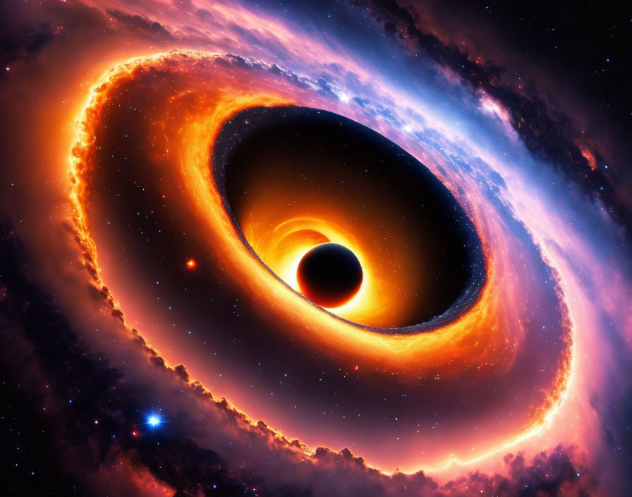 Colorful depiction of black hole with glowing accretion disk and stars in cosmos