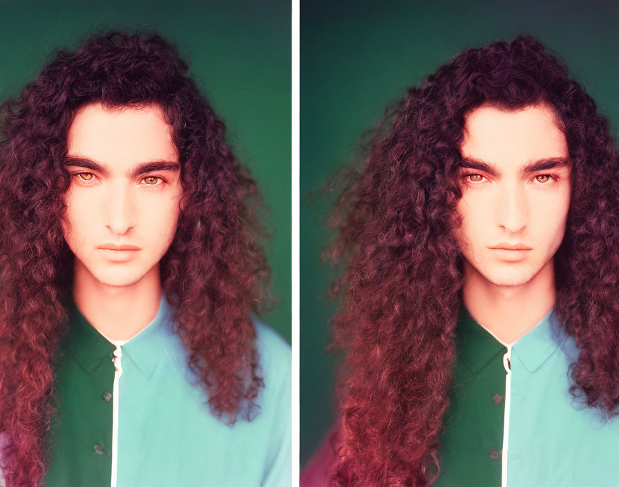 Split-image of person with voluminous curly hair and intense gaze, one side greenish, other side