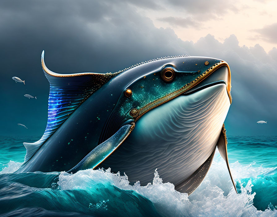 Giant whale digital artwork with starry night sky pattern