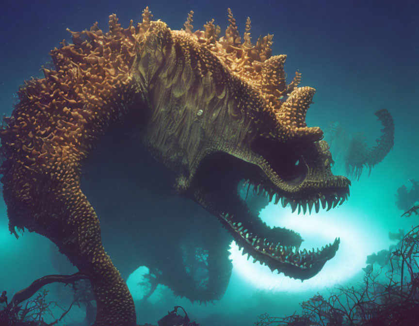 Mythical Sea Monster Covered in Coral Submerged Underwater