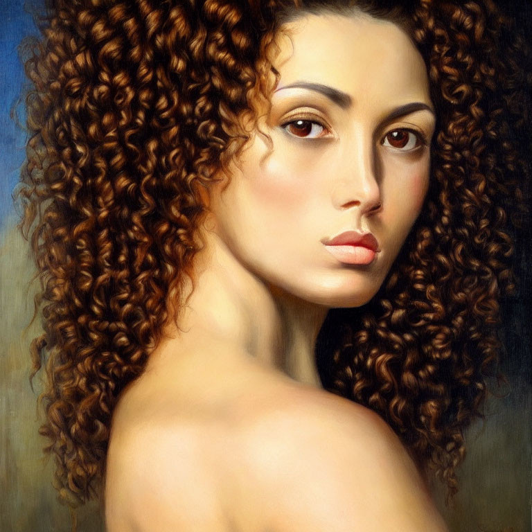 Portrait of woman with voluminous curly hair and striking facial features