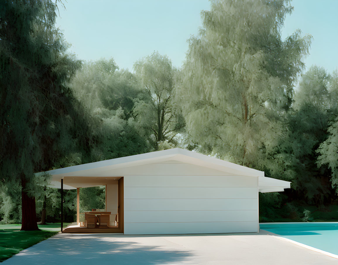 Minimalist White House with Flat Roof, Green Trees, and Blue Pool