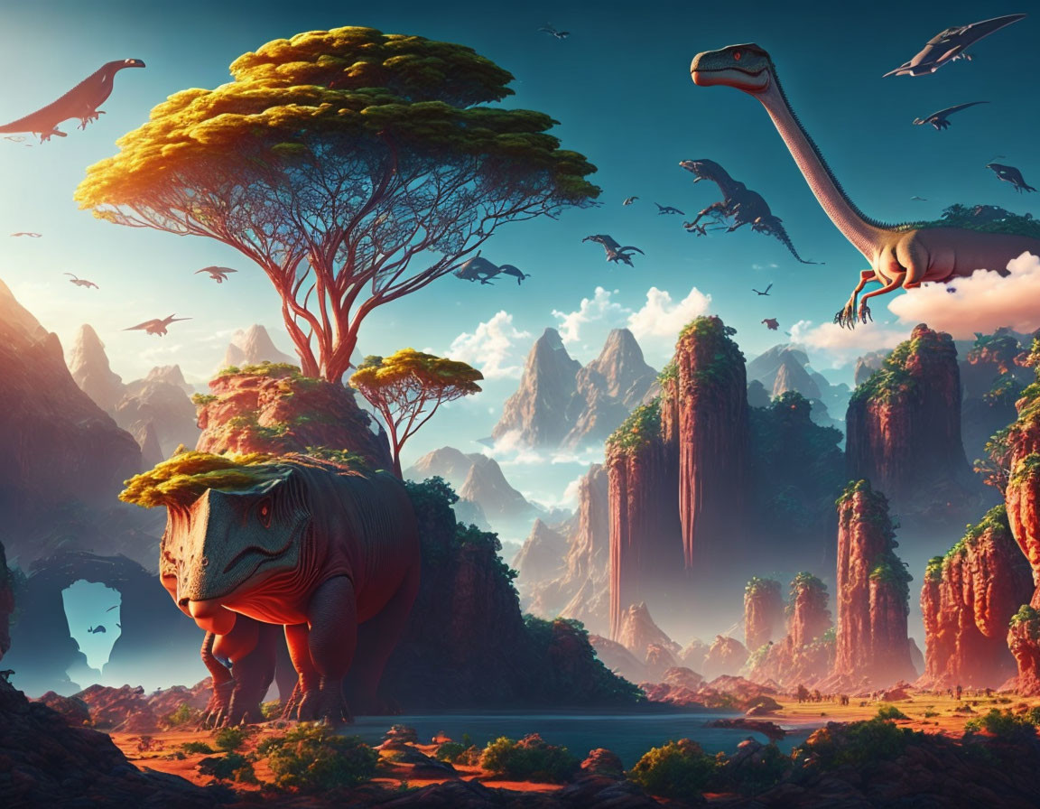 Prehistoric landscape with dinosaurs, greenery, cliffs, and pterosaurs