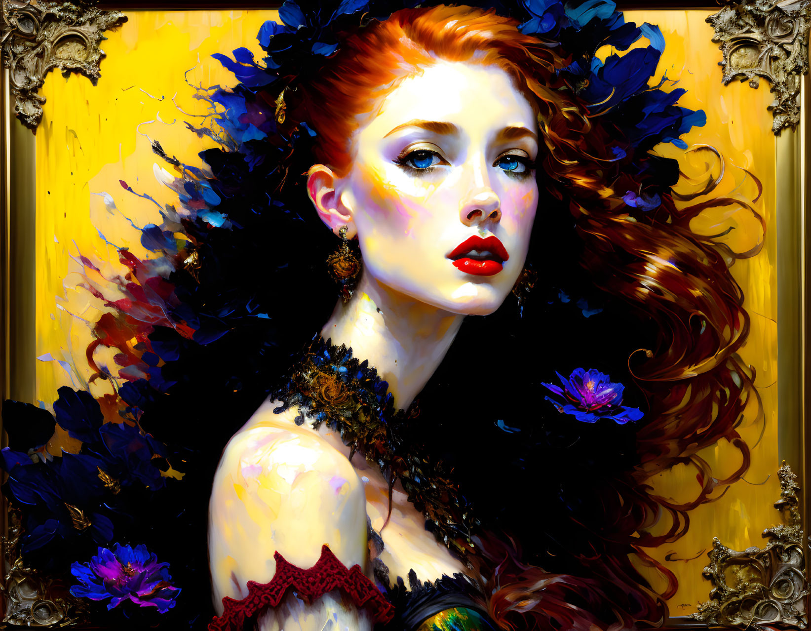 Colorful Portrait of Woman with Red Hair and Blue Flowers on Gold Background