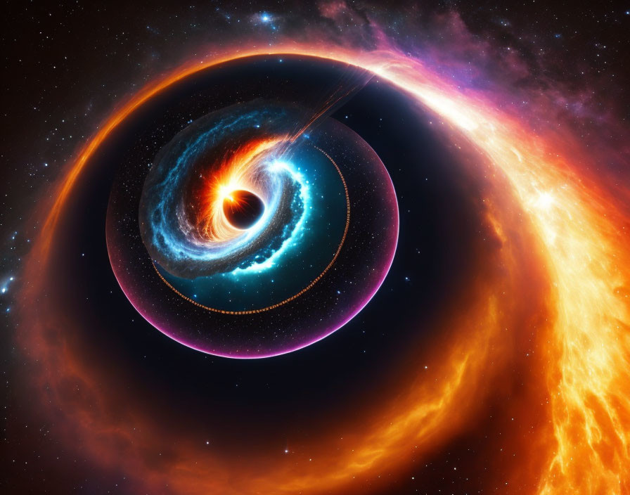 Illustration of Black Hole Pulling Material from Orange Accretion Disk