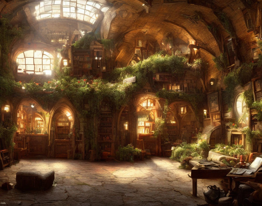 Rustic interior with books, plants, wooden furniture, and warm lighting